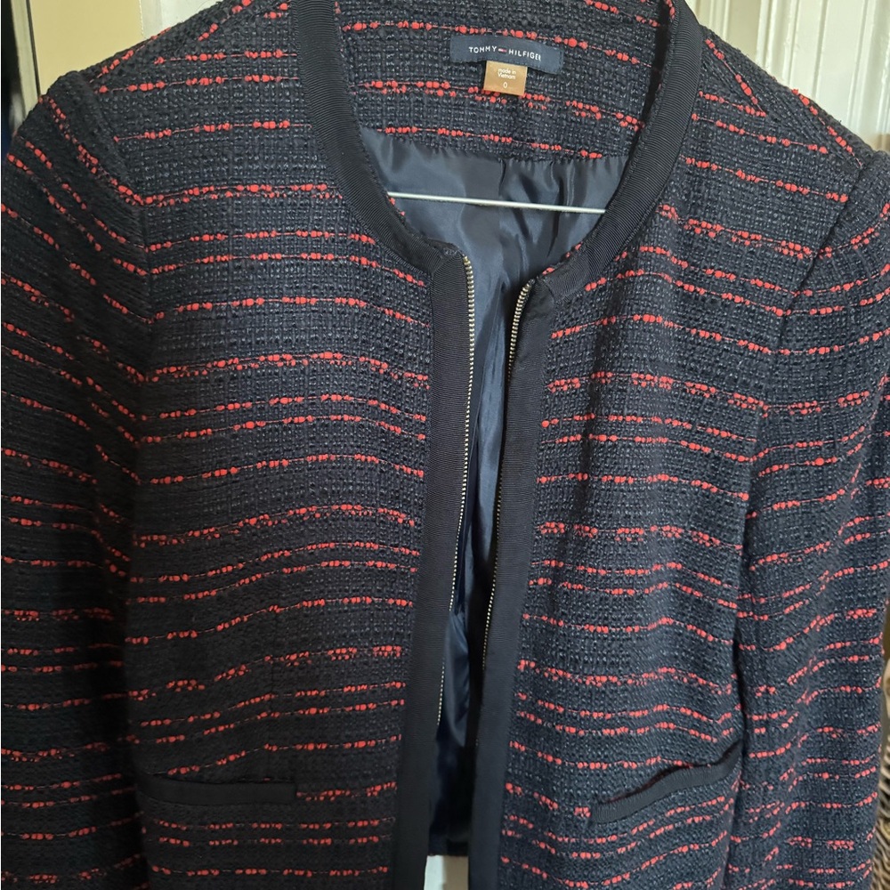 Tommy Hilfiger Navy and Red Tweed Zip-Front Blazer
